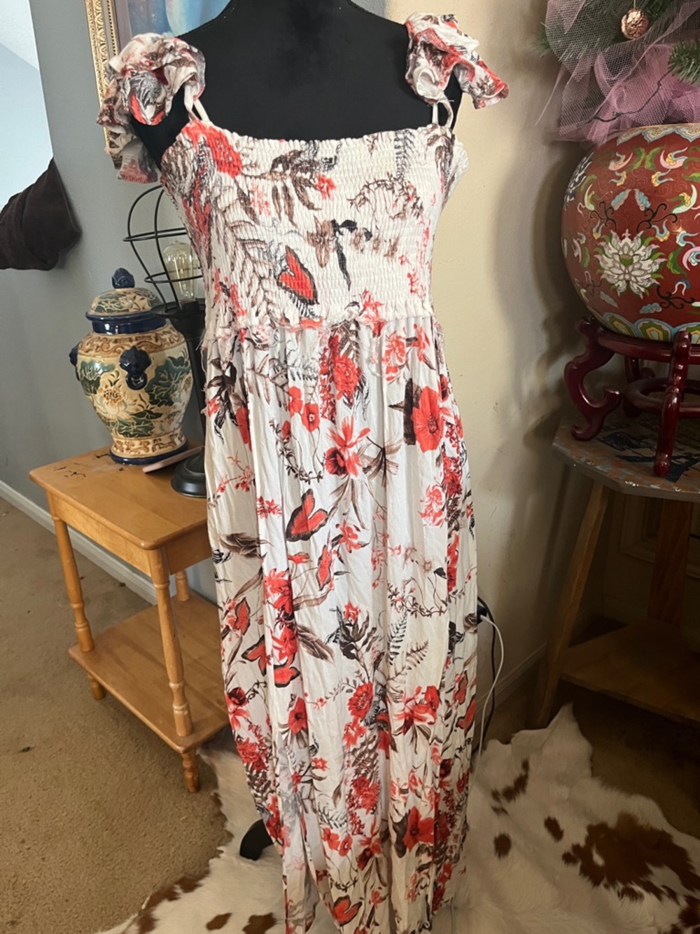 Altar'd State White Maxi Skirt with Coral & Brown Floral